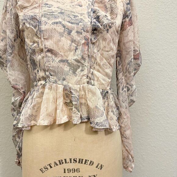 KARLIE Sheer Snakeskin Print Ruffled Blouse Batwing/Flutter Sleeve in Cream - Picture 3 of 12